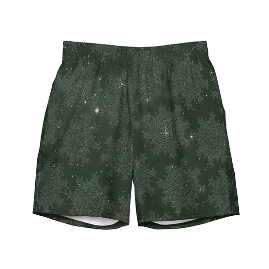 The front side of a pair of Xigfireon graphic swim trunks featuring the Midnight Freen Cosmos patterned series of the `Morning Star Fire` Celtic knot design.