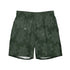 The front side of a pair of Xigfireon graphic swim trunks featuring the Midnight Freen Cosmos patterned series of the `Morning Star Fire` Celtic knot design.