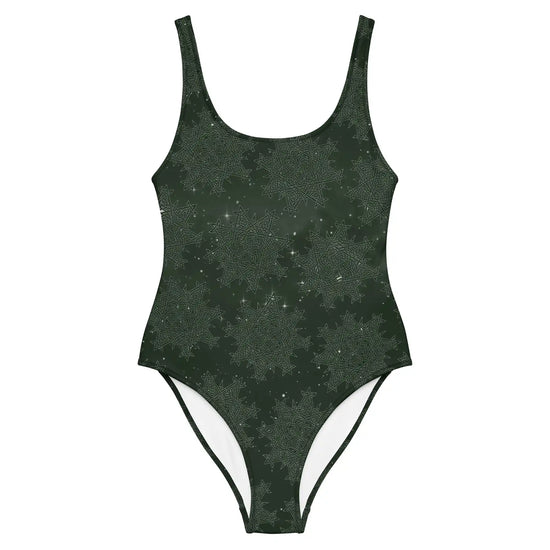 The front side of a Xigfireon graphic swimsuit featuring the Midnight Green Cosmos patterned series of the `Morning Star Fire` Celtic knot design.