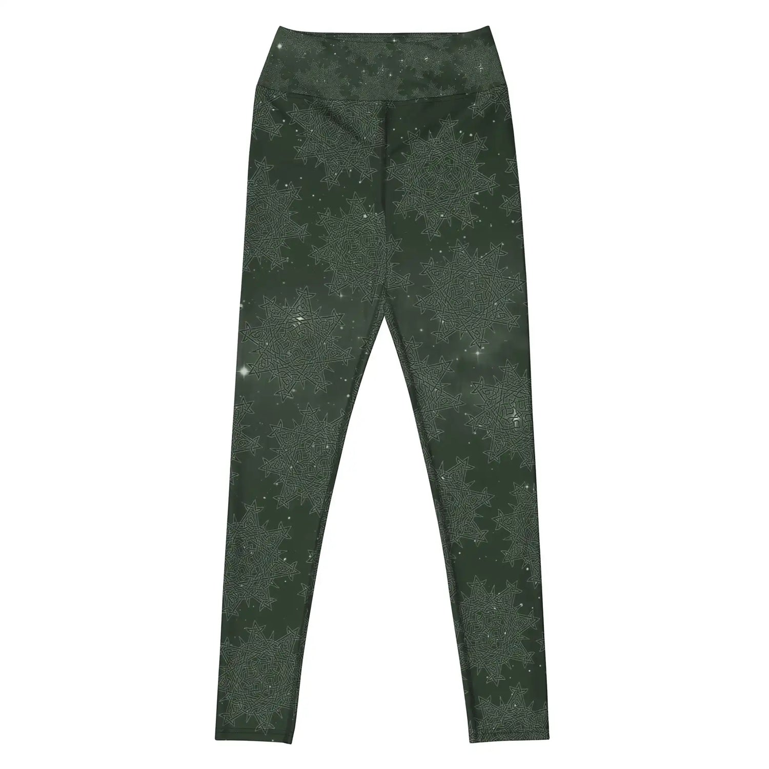 The front side of a pair of Xigfireon graphic yoga leggings featuring the Midnight Green Cosmos patterned series of the `Morning Star Fire` Celtic knot design.