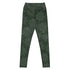 The front side of a pair of Xigfireon graphic yoga leggings featuring the Midnight Green Cosmos patterned series of the `Morning Star Fire` Celtic knot design.