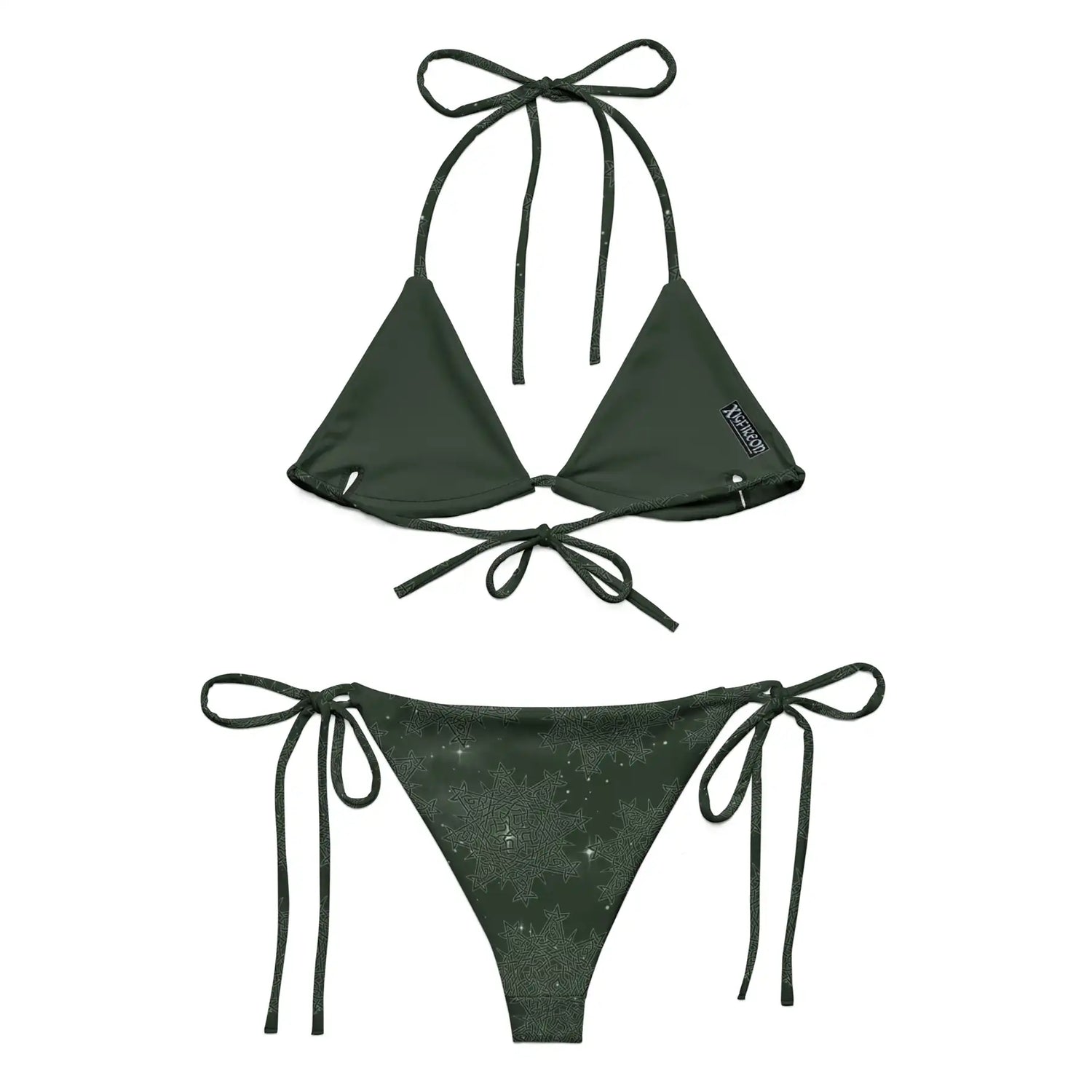 A view of the inside of a string bikini featuring the Midnight Green Solid Cosmos iteration of the `Morning Star Fire` Celtic knot pattern.