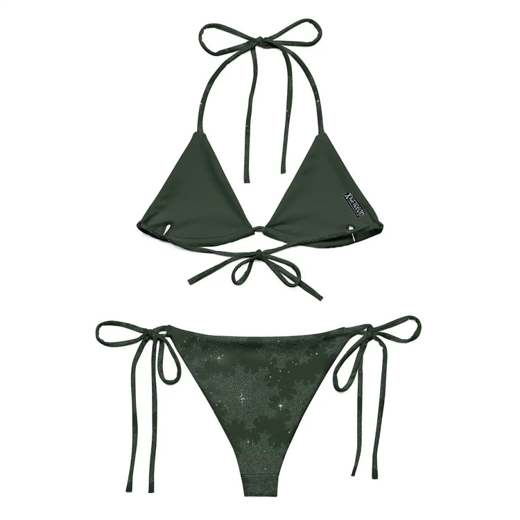 A view of the inside of a string bikini featuring the Midnight Green Solid Cosmos iteration of the `Morning Star Fire` Celtic knot pattern.