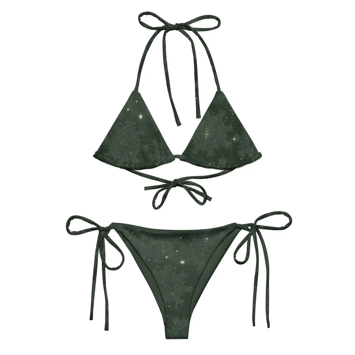 A view of the outside of a string bikini featuring the Midnight Green Solid Cosmos iteration of the `Morning Star Fire` Celtic knot pattern.