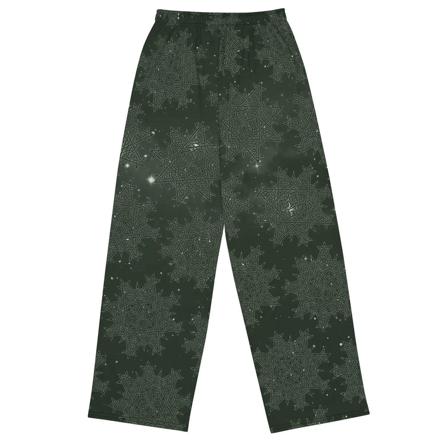 The back side of a pair of Xigfireon graphic wide leg pants featuring the Midnight Green Cosmos patterned series of the `Morning Star Fire` Celtic knot design.