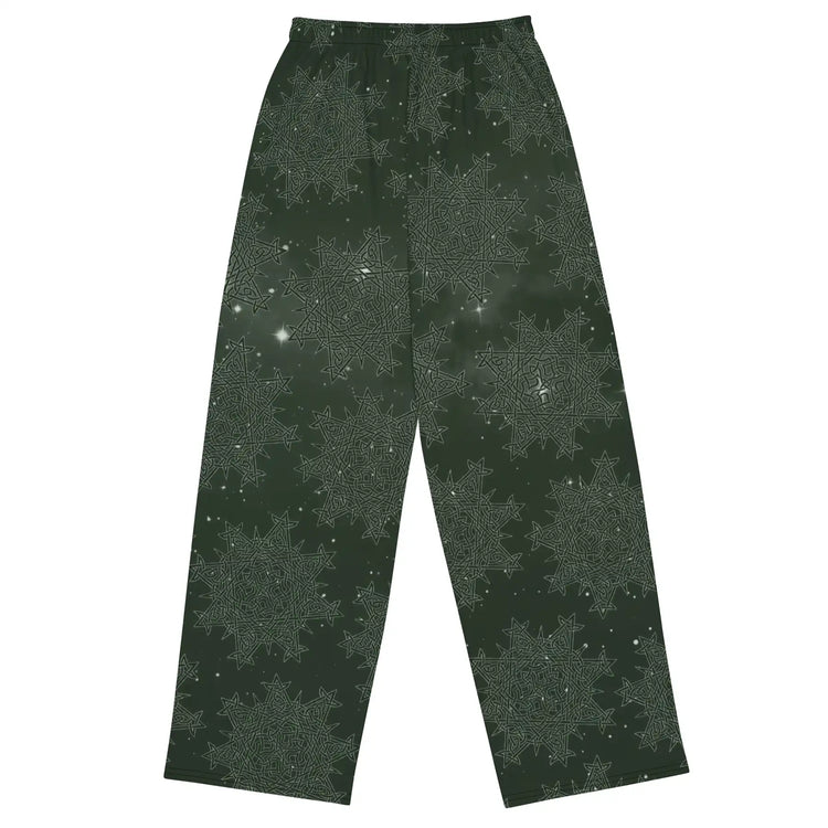 The back side of a pair of Xigfireon graphic wide leg pants featuring the Midnight Green Cosmos patterned series of the `Morning Star Fire` Celtic knot design.