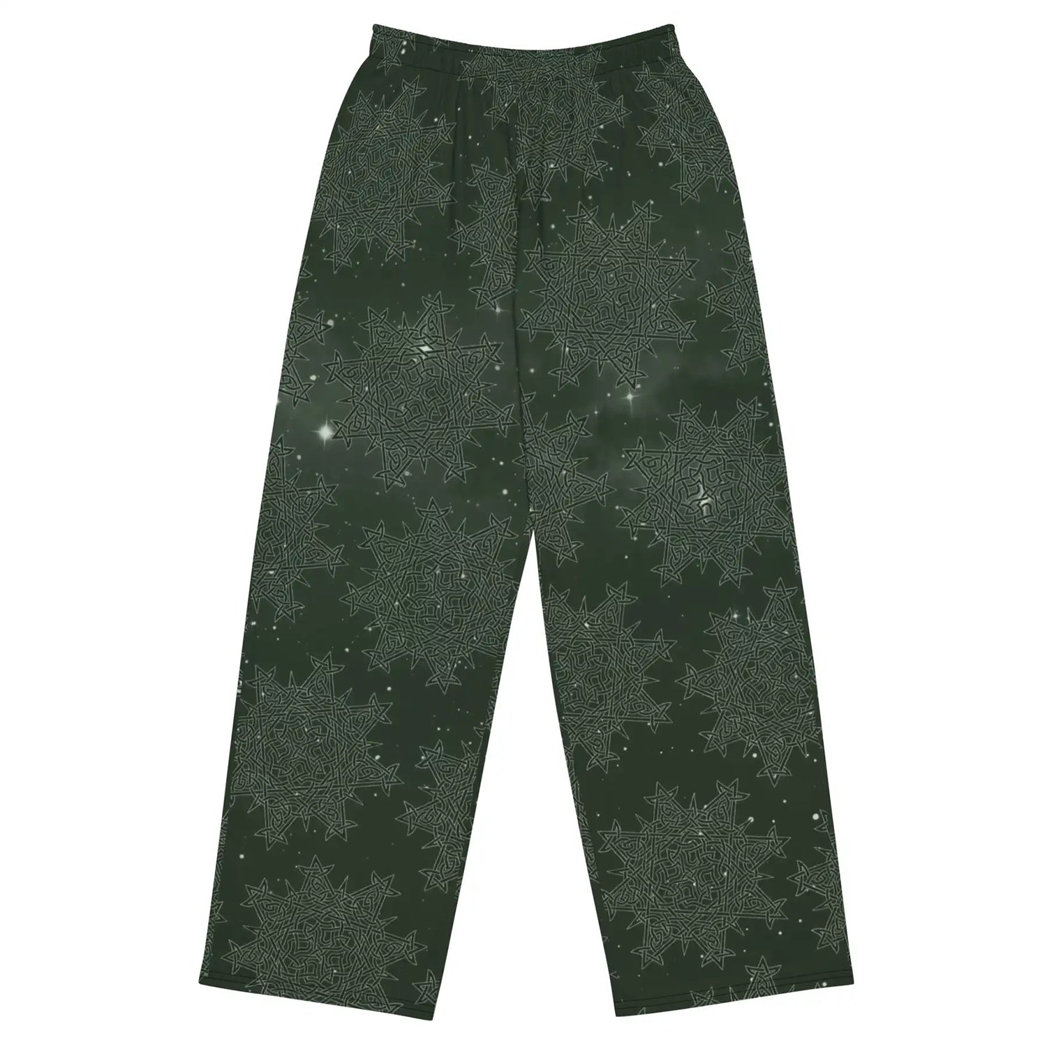 The front side of a pair of Xigfireon graphic wide leg pants featuring the Midnight Green Cosmos patterned series of the `Morning Star Fire` Celtic knot design.
