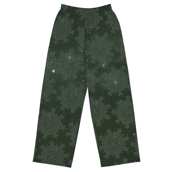 The front side of a pair of Xigfireon graphic wide leg pants featuring the Midnight Green Cosmos patterned series of the `Morning Star Fire` Celtic knot design.