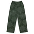The front side of a pair of Xigfireon graphic wide leg pants featuring the Midnight Green Cosmos patterned series of the `Morning Star Fire` Celtic knot design.