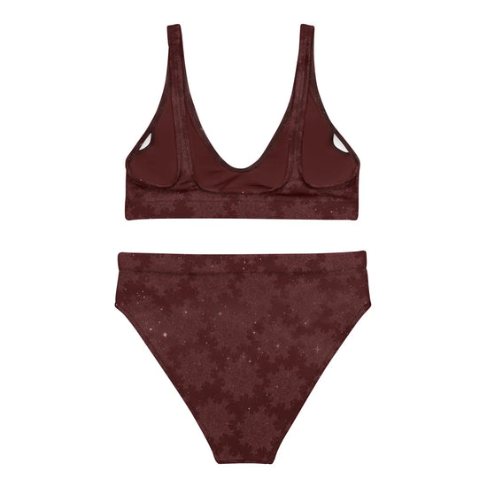 The back side of a Xigfireon graphic bikini featuring the Midnight Red Cosmos patterned series of the `Morning Star Fire` Celtic knot design.
