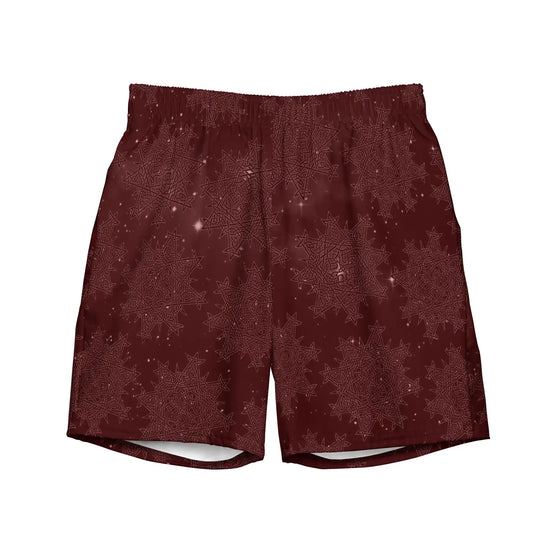 The front side of a pair of Xigfireon graphic swim trunks featuring the Midnight Red Cosmos patterned series of the `Morning Star Fire` Celtic knot design.