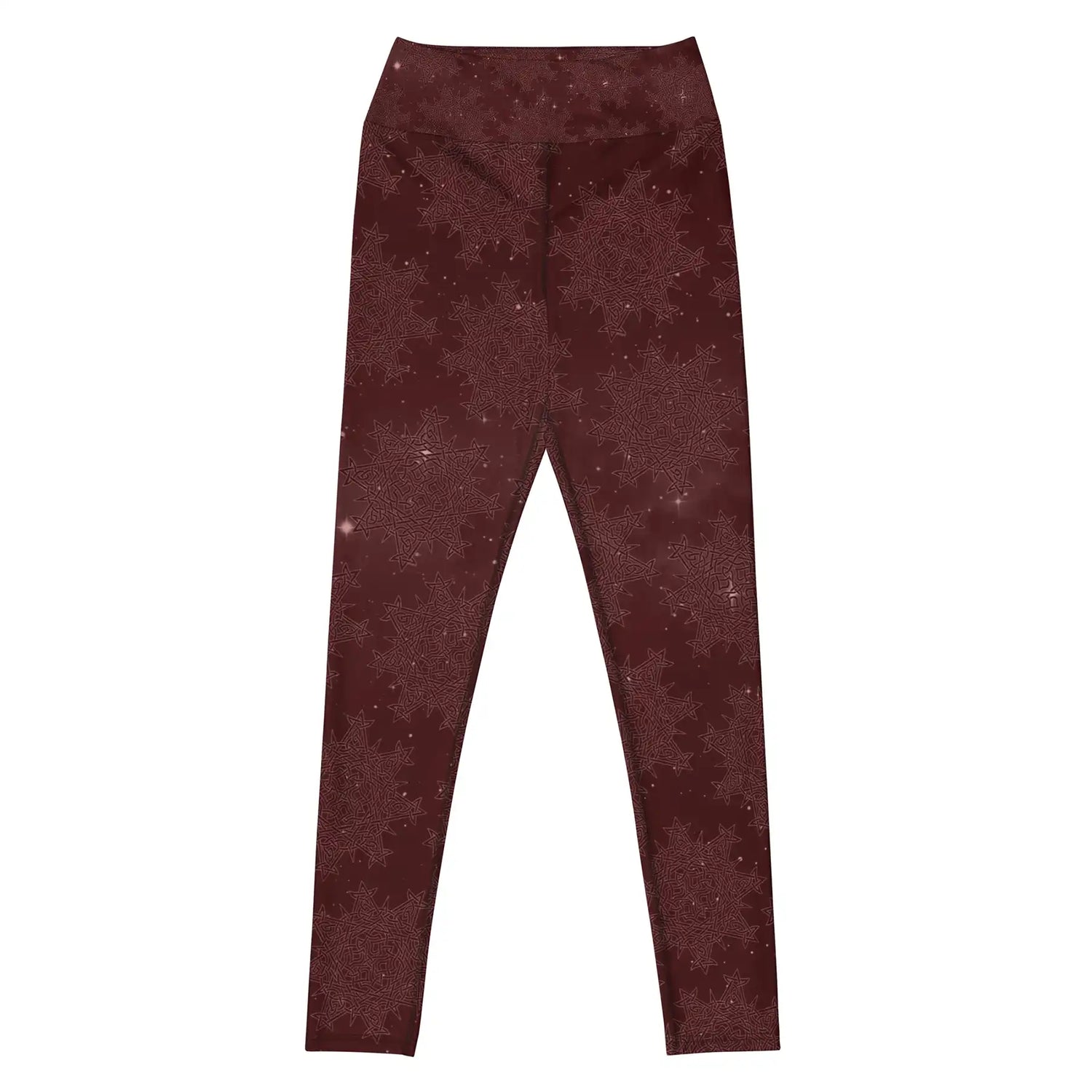 The front side of a pair of Xigfireon graphic yoga leggings featuring the Midnight Red Cosmos patterned series of the `Morning Star Fire` Celtic knot design.