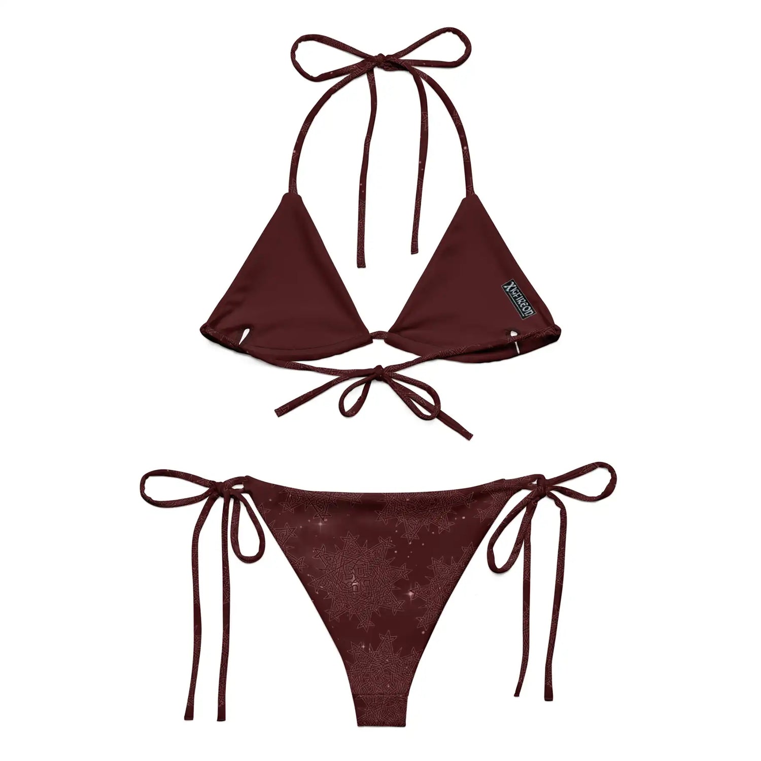 A view of the inside of a Xigfireon string bikini featuring the Midnight Red Cosmos iteration of the `Morning Star Fire` Celtic knot pattern.