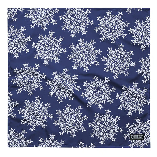 A large Xigfireon bandana adorned with the Navy Blue and White patterned series of the `Morning Star Fire` Celtic knot design.