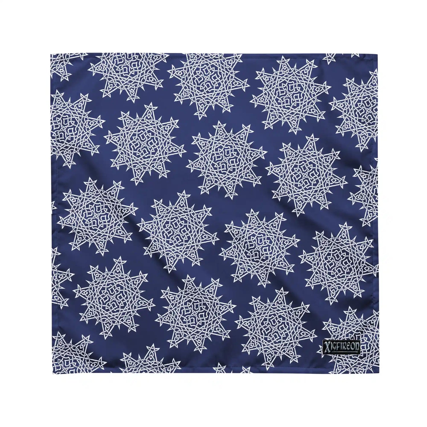 A medium Xigfireon bandana adorned with the Navy Blue and White patterned series of the `Morning Star Fire` Celtic knot design.