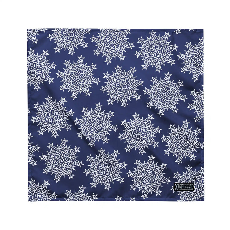 A medium Xigfireon bandana adorned with the Navy Blue and White patterned series of the `Morning Star Fire` Celtic knot design.
