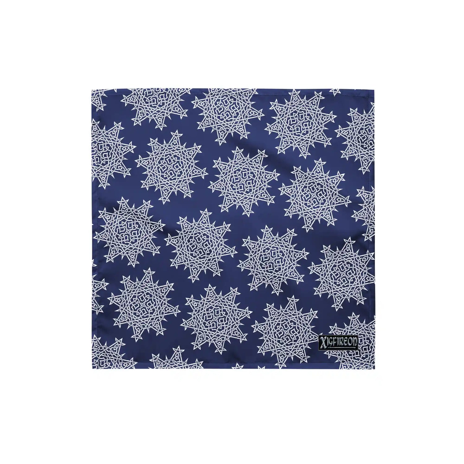 A small Xigfireon bandana adorned with the Navy Blue and White patterned series of the `Morning Star Fire` Celtic knot design.