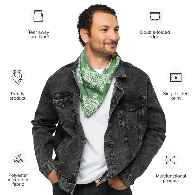 A list of product specs surrounding a young man wearing a Xigfireon bandana adorned with the `Morning Star Fire` Olive Green and White Celtic knot pattern. The bandana&