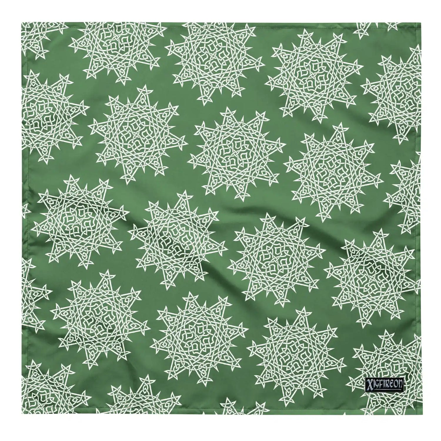 A large Xigfireon bandana adorned with the Olive Green and White patterned series of the `Morning Star Fire` Celtic knot design.
