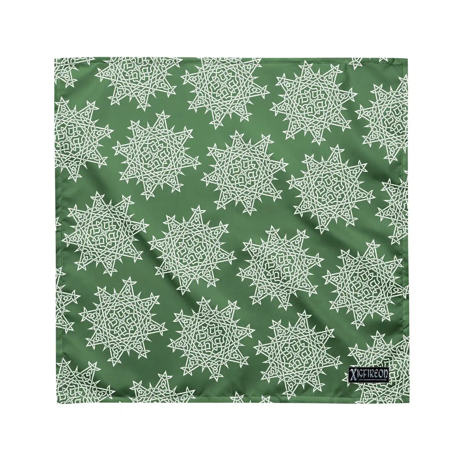 A medium Xigfireon bandana adorned with the Olive Green and White patterned series of the `Morning Star Fire` Celtic knot design.