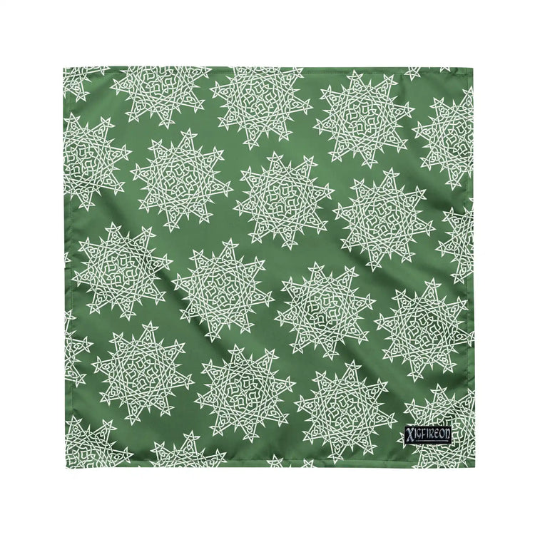 A medium Xigfireon bandana adorned with the Olive Green and White patterned series of the `Morning Star Fire` Celtic knot design.