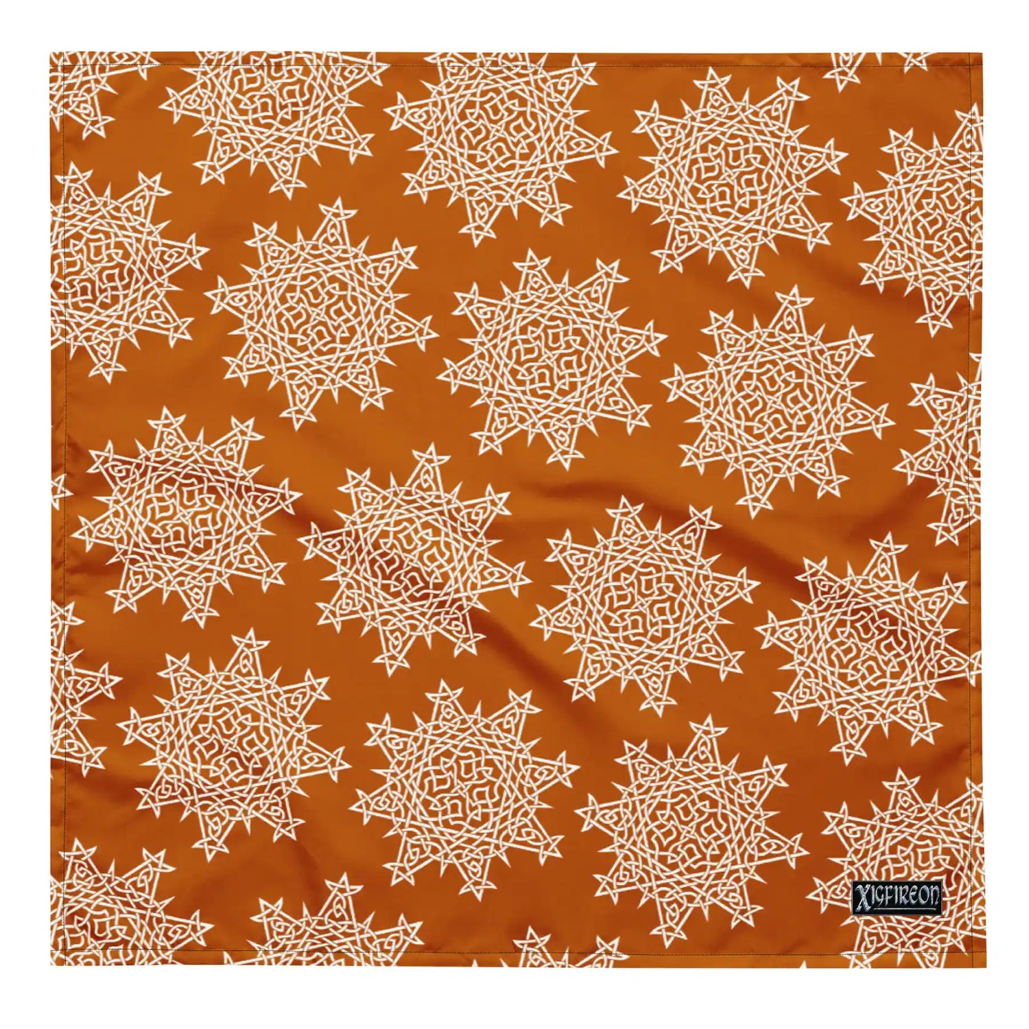 A large Xigfireon bandana adorned with the Orange and White patterned series of the `Morning Star Fire` Celtic knot design.