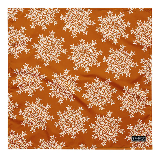 A large Xigfireon bandana adorned with the Orange and White patterned series of the `Morning Star Fire` Celtic knot design.