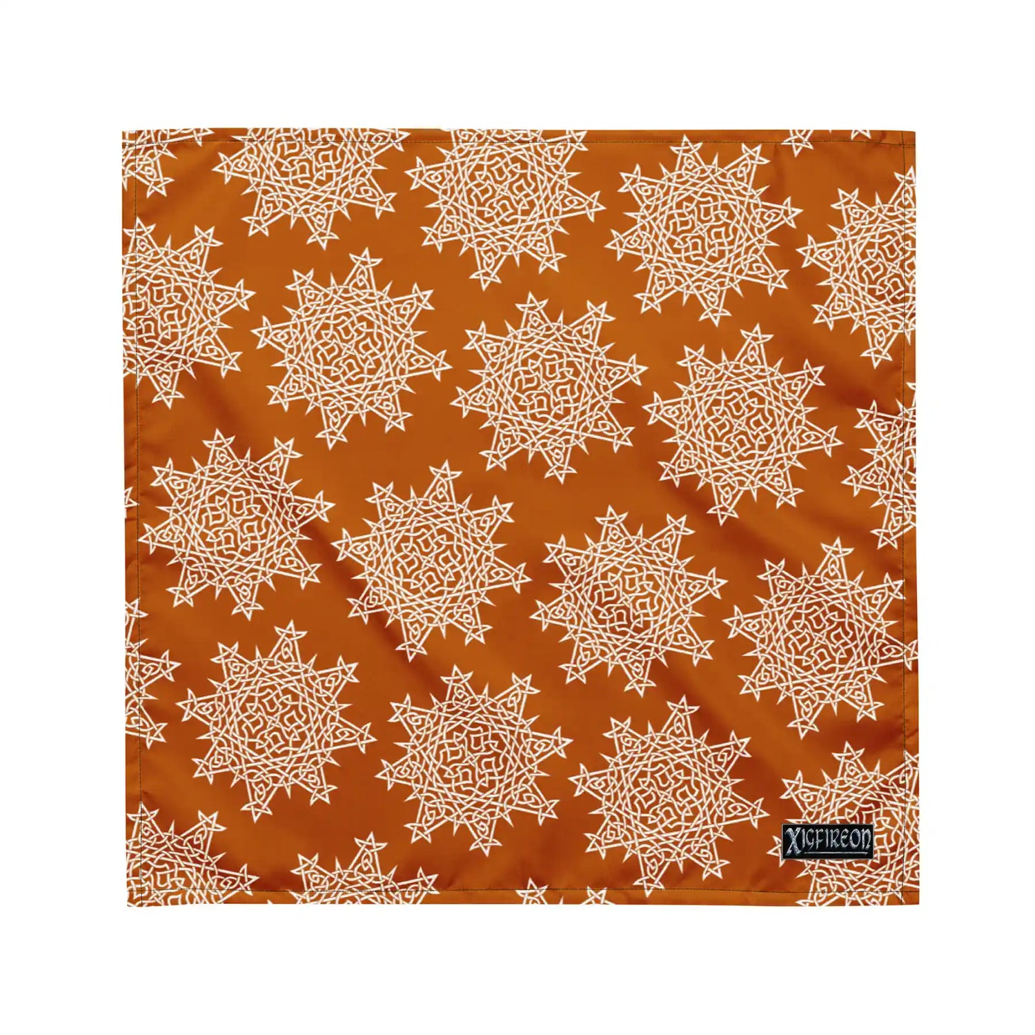 A medium Xigfireon bandana adorned with the Orange and White patterned series of the `Morning Star Fire` Celtic knot design.