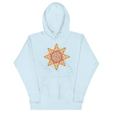 A sky blue Xigfireon graphic hoodie featuring the Fire Colour Flat iteration of the `Morning Star Fire` Celtic knot design. The `Morning Star Fire` Celtic knot represents the Sun.