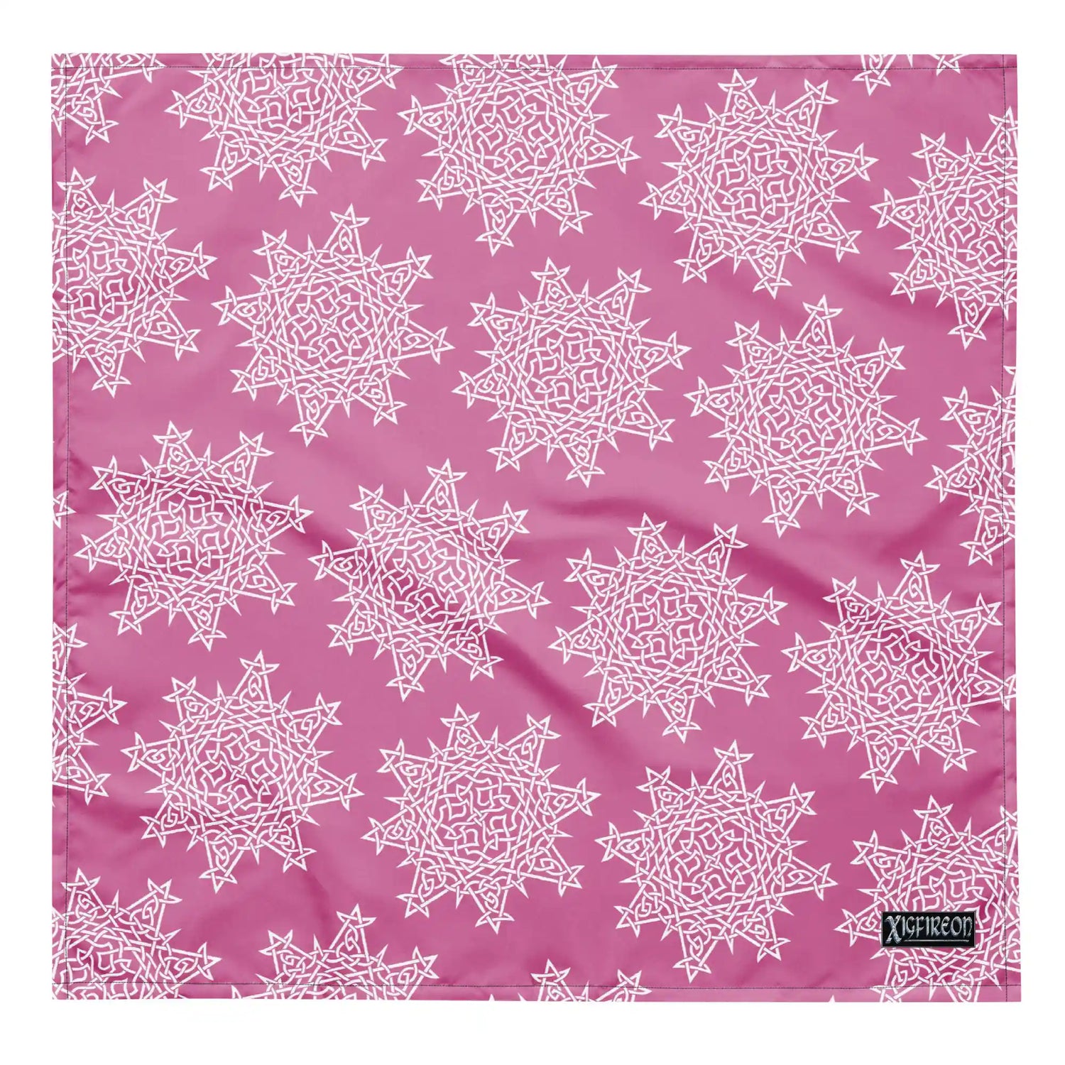 A large Xigfireon bandana adorned with the Pink and White patterned series of the `Morning Star Fire` Celtic knot design.