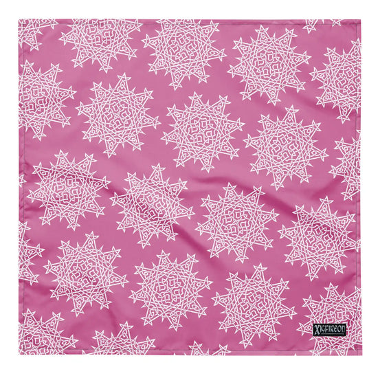 A large Xigfireon bandana adorned with the Pink and White patterned series of the `Morning Star Fire` Celtic knot design.