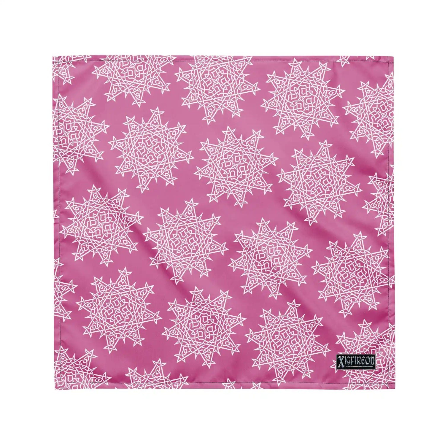 A medium Xigfireon bandana adorned with the Pink and White patterned series of the `Morning Star Fire` Celtic knot design.