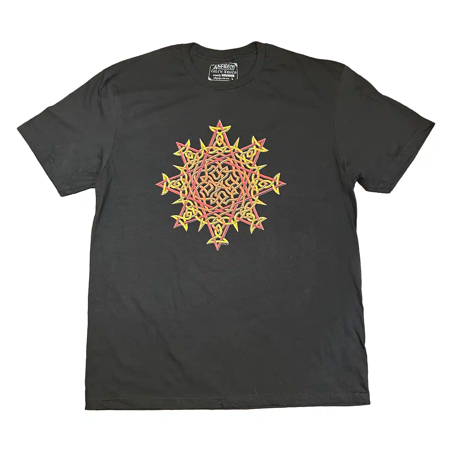 A black Xigfireon graphic t-shirt featuring a screen printed version of the Fire Colour iteration of the `Morning Star Fire` Celtic knot design.