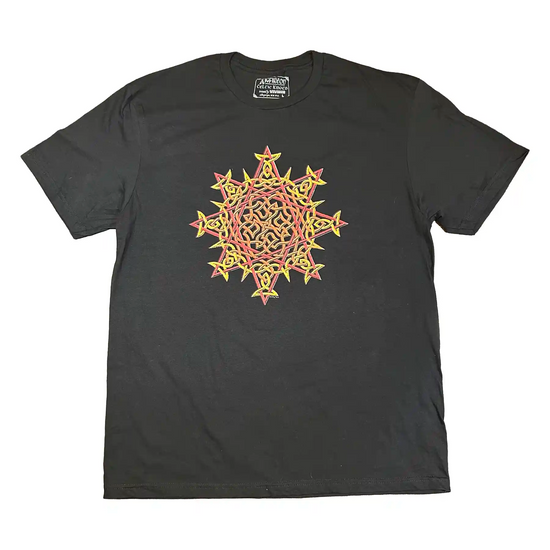 A black Xigfireon graphic t-shirt featuring a screen printed version of the Fire Colour iteration of the `Morning Star Fire` Celtic knot design.