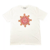 A white Xigfireon graphic t-shirt featuring a screen printed version of the Fire Colour iteration of the `Morning Star Fire` Celtic knot design.
