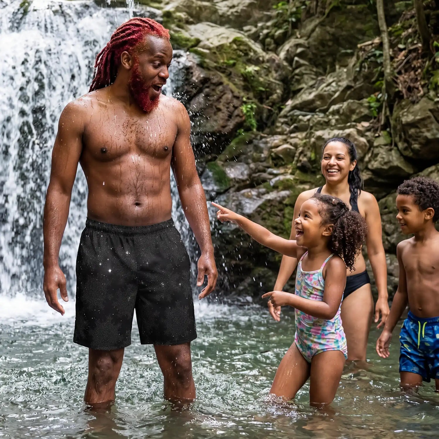 Family of four enjoying a waterfall in nature. The father is wearing a pair of Xigfireon Midnight Cosmos `Morning Star Fire` swim trunks.