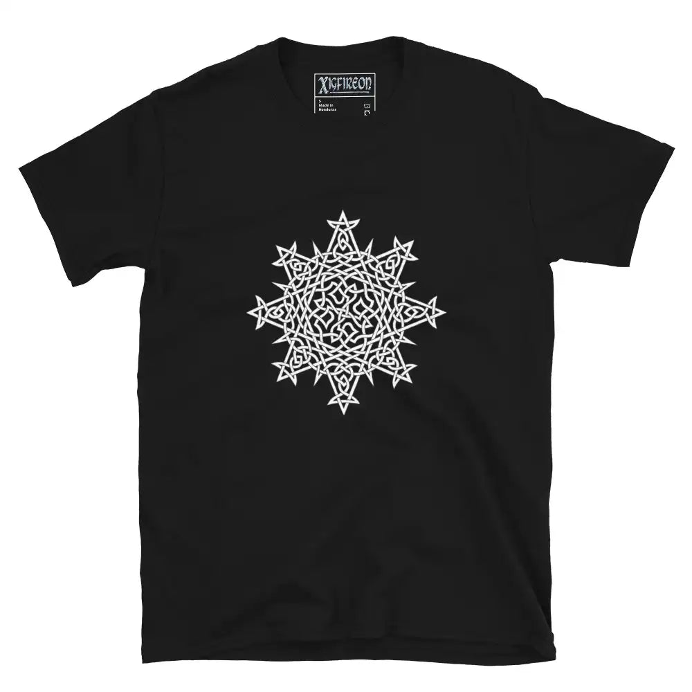 A black Xigfireon graphic t-shirt featuring the Black & White Hollow iteration of the `Morning Star Fire` Celtic knot design. The `Morning Star Fire` Celtic knot symbolizes the Sun.
