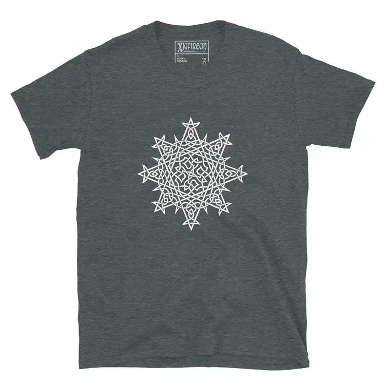 A dark heather Xigfireon graphic t-shirt featuring the Black & White Hollow iteration of the `Morning Star Fire` Celtic knot design. The `Morning Star Fire` Celtic knot symbolizes the Sun.