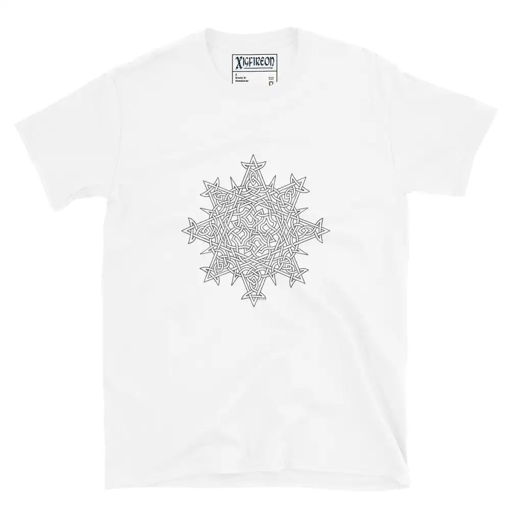 A white Xigfireon graphic t-shirt featuring the Black & White Hollow iteration of the `Morning Star Fire` Celtic knot design. The `Morning Star Fire` Celtic knot symbolizes the Sun.