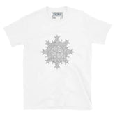 A white Xigfireon graphic t-shirt featuring the Black & White Hollow iteration of the `Morning Star Fire` Celtic knot design. The `Morning Star Fire` Celtic knot symbolizes the Sun.