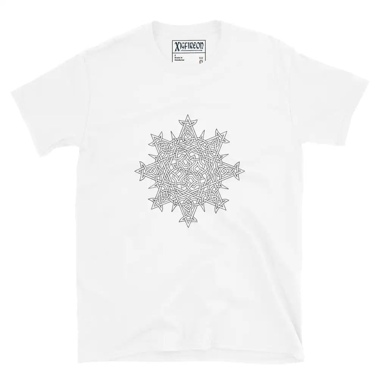 A white Xigfireon graphic t-shirt featuring the Black & White Hollow iteration of the `Morning Star Fire` Celtic knot design. The `Morning Star Fire` Celtic knot symbolizes the Sun.