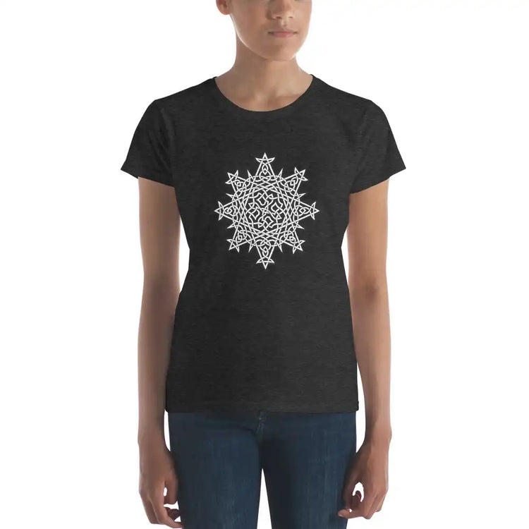 A young woman wearing a heather dark grey Xigfireon women&