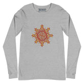 An athletic heather Xigfireon long sleeve graphic t-shirt featuring the Fire Colour iteration of the `Morning Star Fire` Celtic knot design. The `Morning Star Fire` Celtic knot is a Sun symbol.