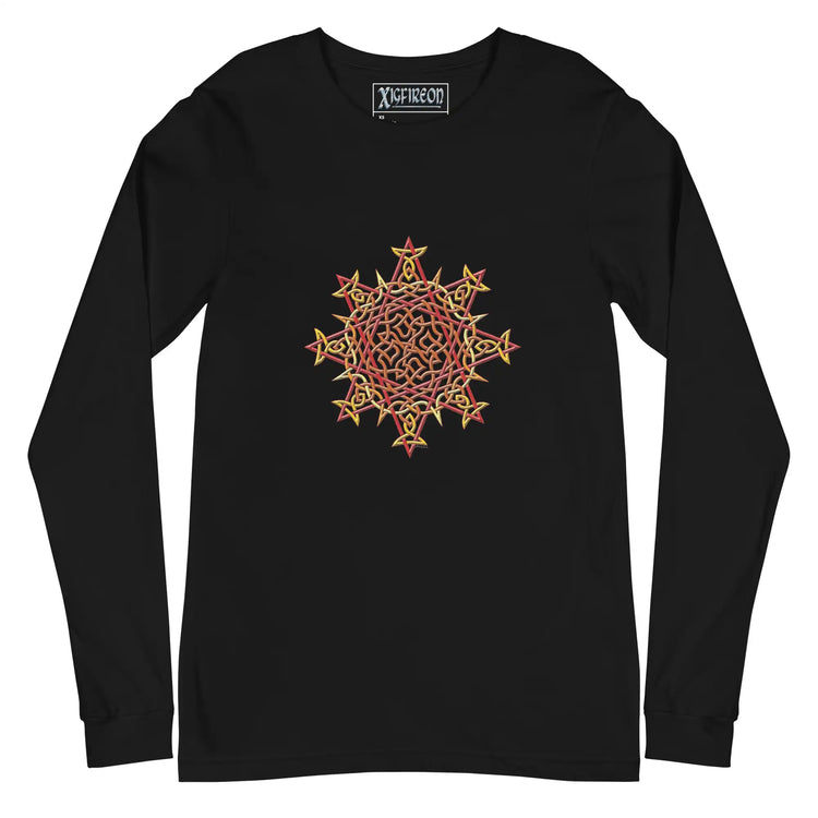 A black Xigfireon long sleeve graphic t-shirt featuring the Fire Colour iteration of the `Morning Star Fire` Celtic knot design. The `Morning Star Fire` Celtic knot is a Sun symbol.