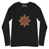 A black heather Xigfireon long sleeve graphic t-shirt featuring the Fire Colour iteration of the `Morning Star Fire` Celtic knot design. The `Morning Star Fire` Celtic knot is a Sun symbol.