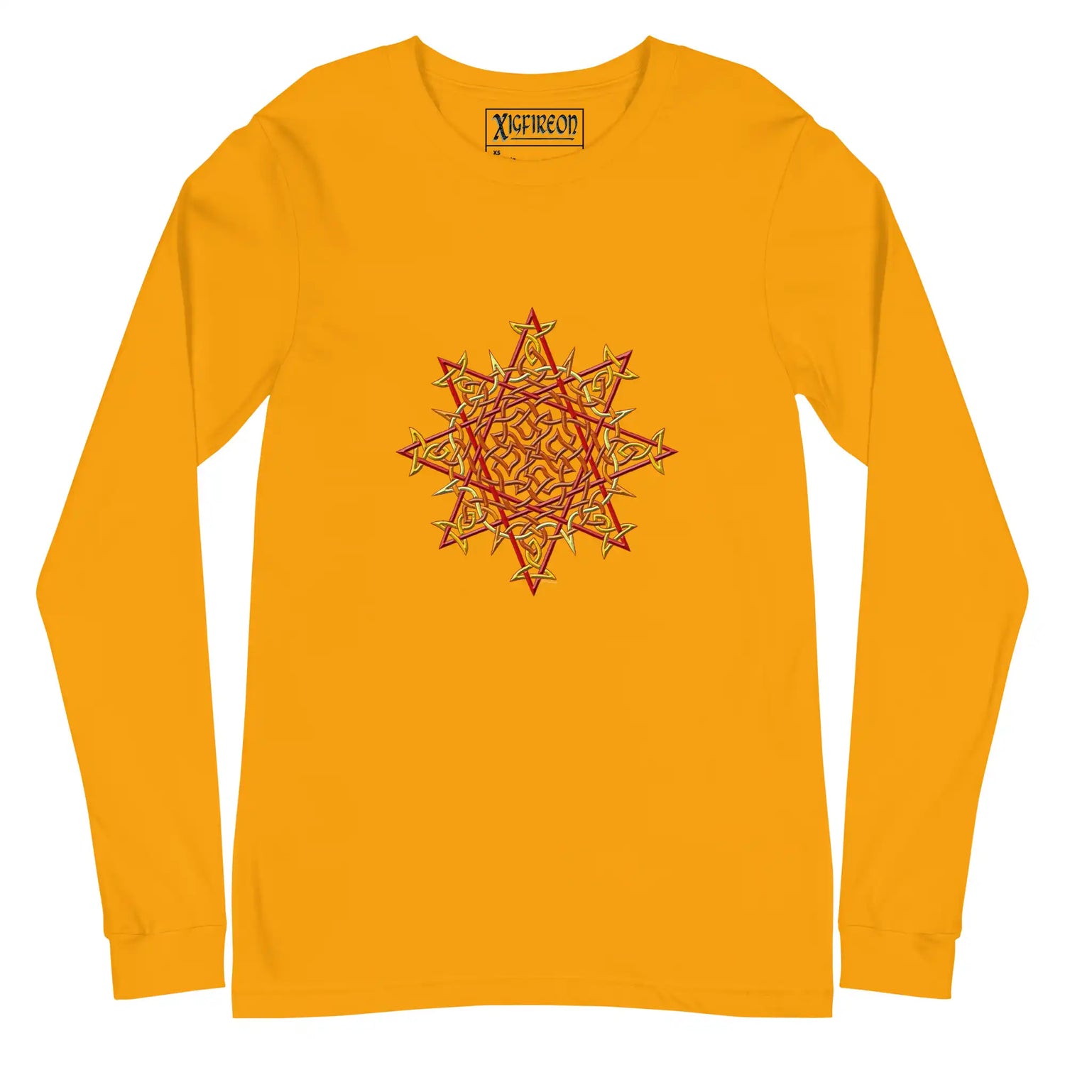 A gold Xigfireon long sleeve graphic t-shirt featuring the Fire Colour iteration of the `Morning Star Fire` Celtic knot design. The `Morning Star Fire` Celtic knot is a Sun symbol.