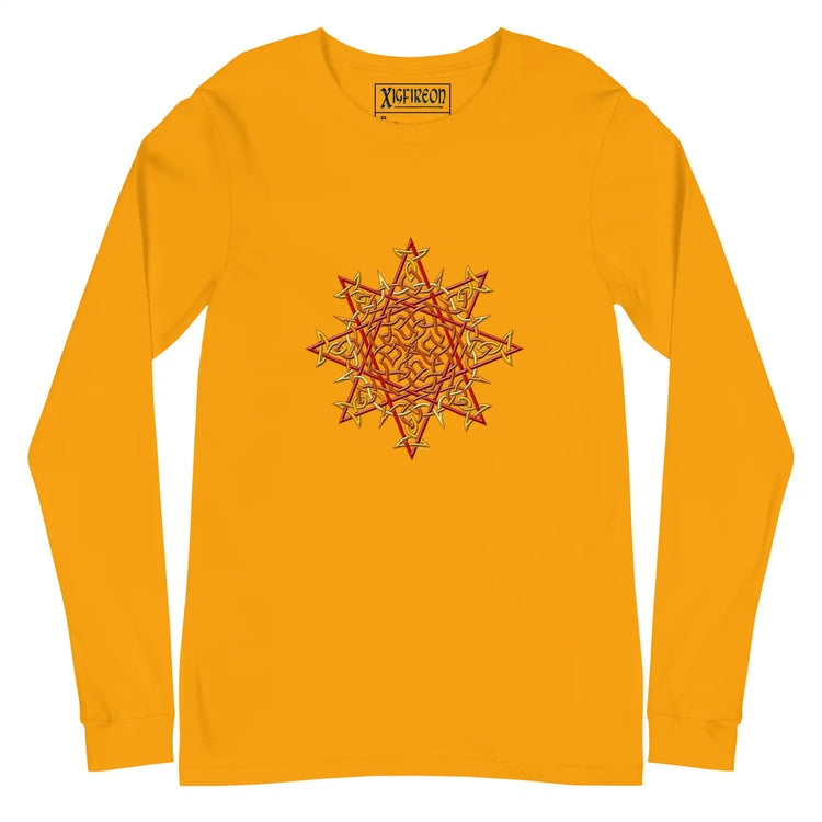 A gold Xigfireon long sleeve graphic t-shirt featuring the Fire Colour iteration of the `Morning Star Fire` Celtic knot design. The `Morning Star Fire` Celtic knot is a Sun symbol.