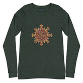 A heather forest green Xigfireon long sleeve graphic t-shirt featuring the Fire Colour iteration of the `Morning Star Fire` Celtic knot design. The `Morning Star Fire` Celtic knot is a Sun symbol.