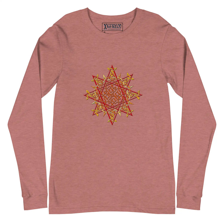 A heather mauve Xigfireon long sleeve graphic t-shirt featuring the Fire Colour iteration of the `Morning Star Fire` Celtic knot design. The `Morning Star Fire` Celtic knot is a Sun symbol.