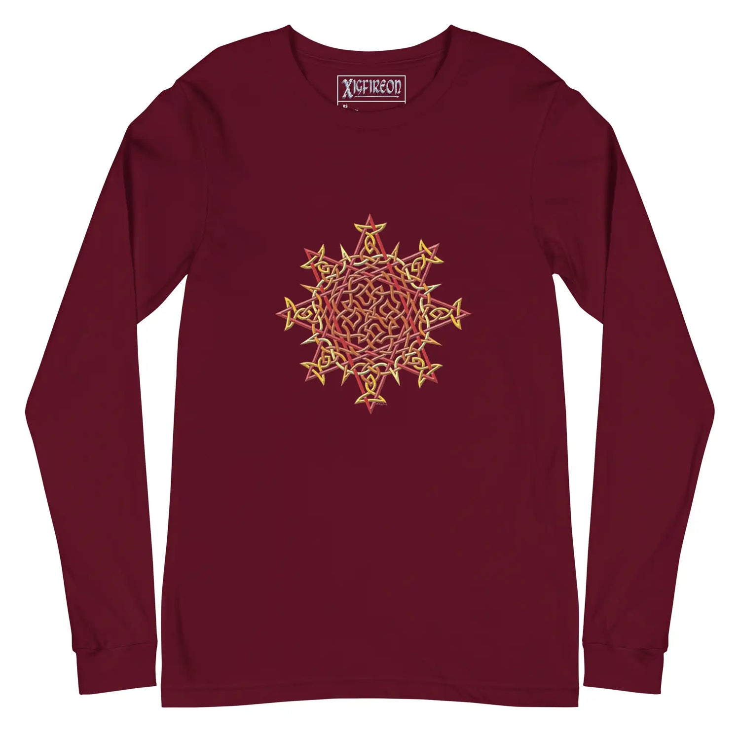 A maroon Xigfireon long sleeve graphic t-shirt featuring the Fire Colour iteration of the `Morning Star Fire` Celtic knot design. The `Morning Star Fire` Celtic knot is a Sun symbol.
